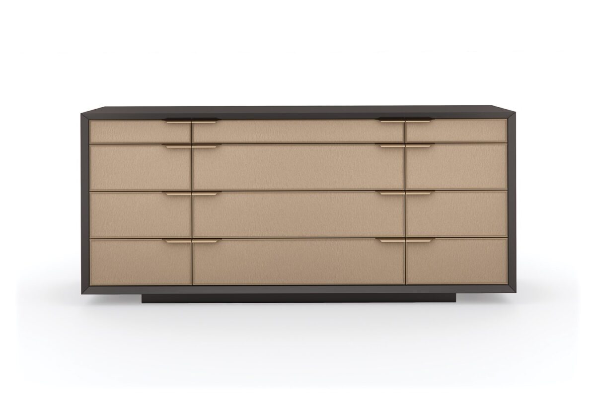 ALL WRAPPED UP chest by Caracole, characterized by its soft, inviting texture and a tailored finish that gives it a luxurious, bespoke feel.
