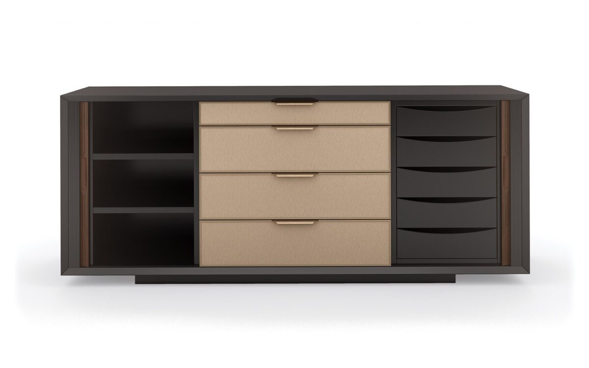 Contemporary ALL WRAPPED UP chest by Caracole, showcasing its clean lines and a subtle metallic trim or base that complements its wrapped exterior.
