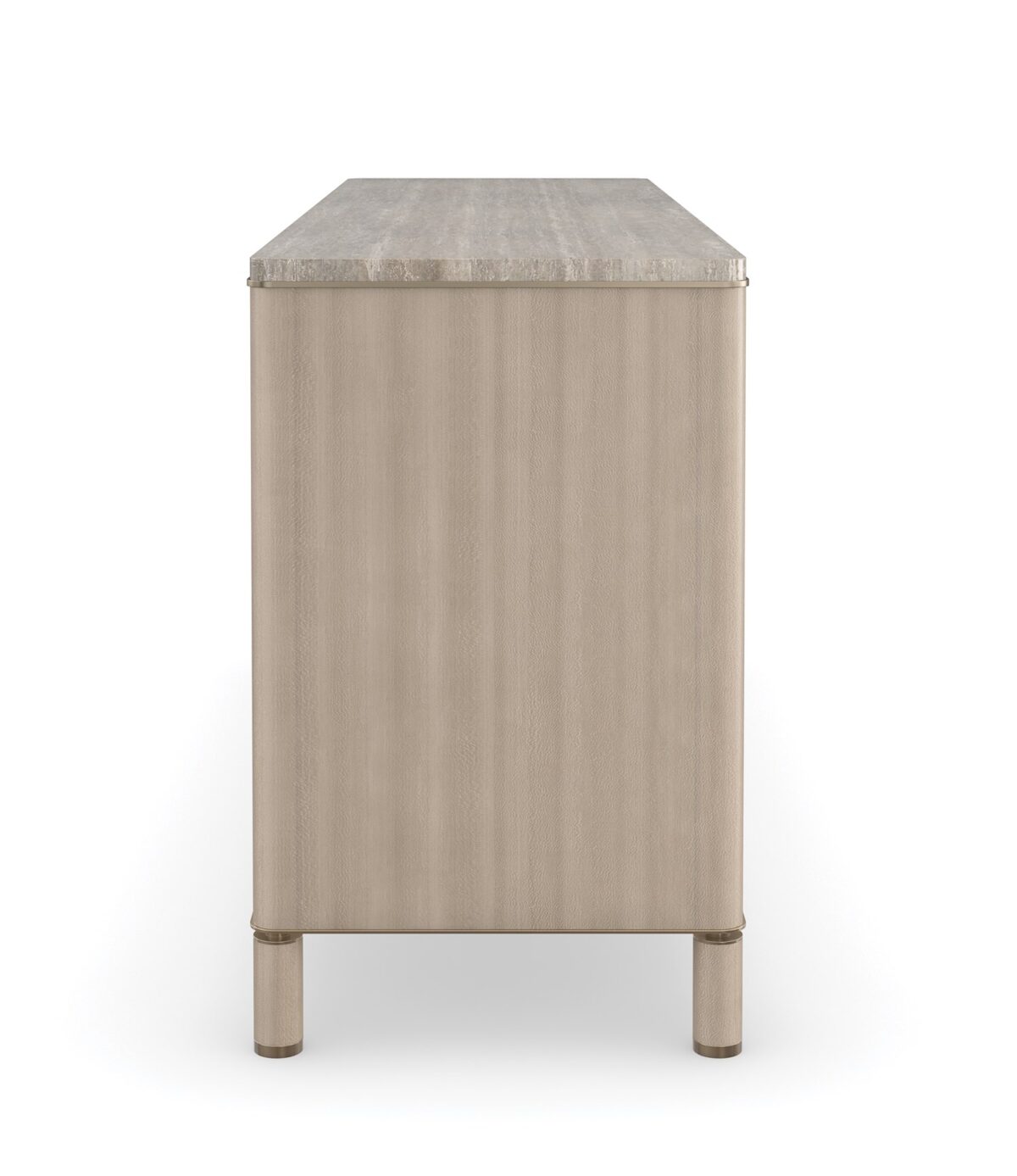 Modern dresser with a travertine stone top, light-toned drawers, and a bronze metallic base, BALANCE Dresser by Caracole.