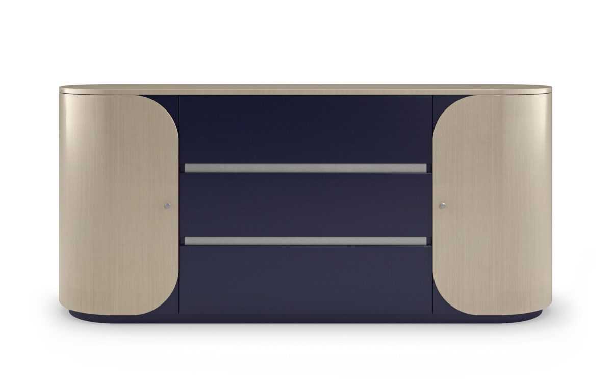 Da Vita Dresser by Caracole with three center drawers in Prussian Blue and curved side doors in Thunder finish, featuring a soft oval silhouette and sleek modern design.