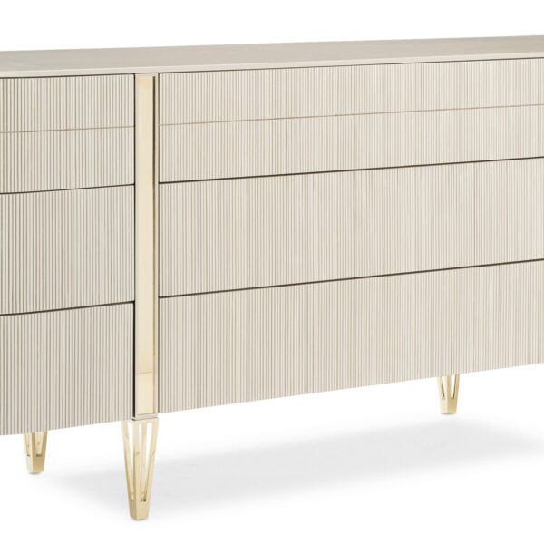 Love at First Sight Dresser by Caracole — a 74″‑wide curved‑front dresser in Matte Pearl finish with nine touch‑latch, reeded drawer fronts, soft‑close undermount guides, and Whisper‑of‑Gold metal legs and band accents.