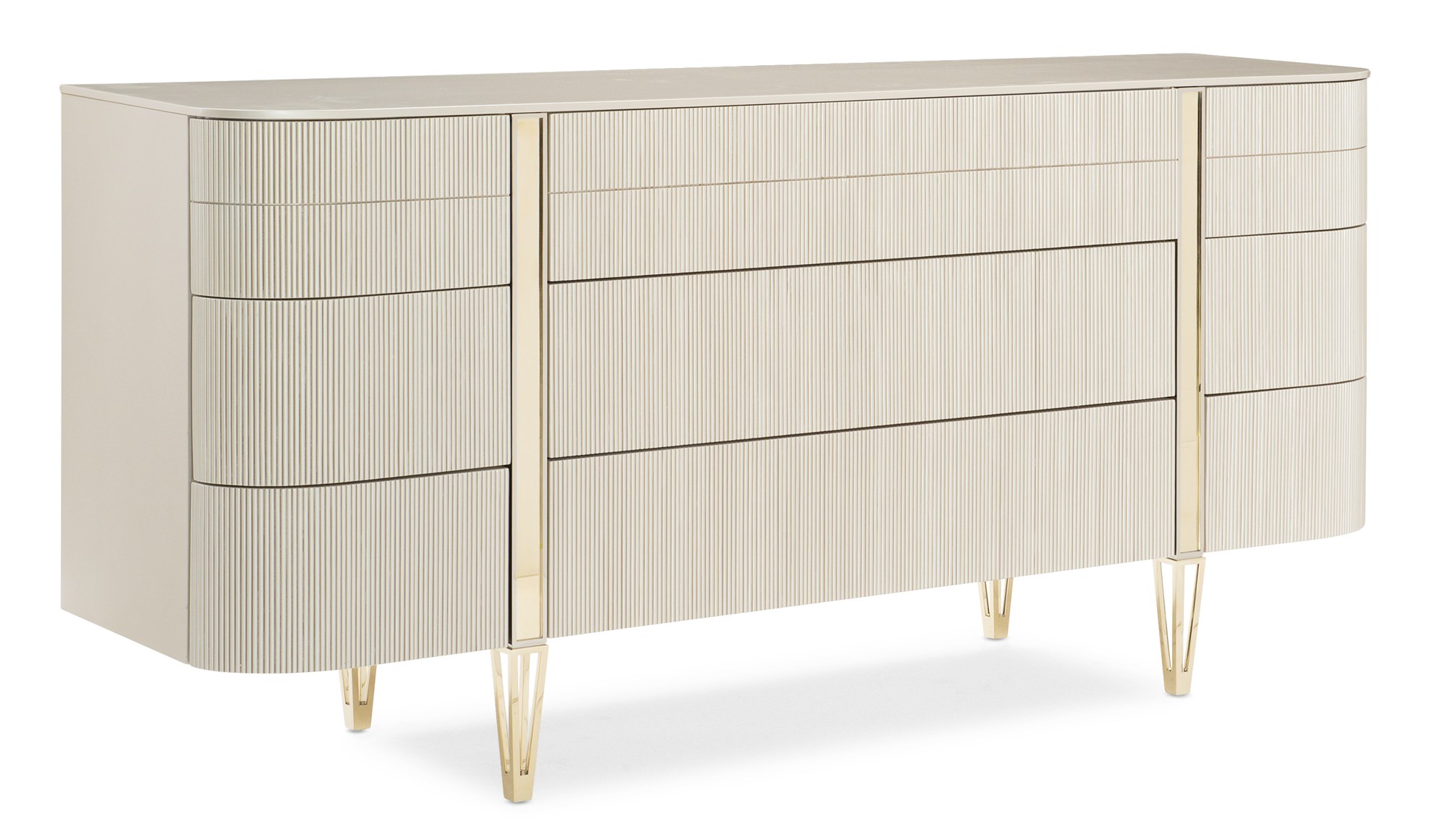 Love at First Sight Dresser by Caracole — a 74″‑wide curved‑front dresser in Matte Pearl finish with nine touch‑latch, reeded drawer fronts, soft‑close undermount guides, and Whisper‑of‑Gold metal legs and band accents.