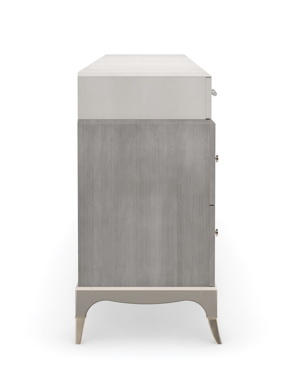 Tempo Dresser by Caracole — a 72″×36″ sculptural dresser topped with Alabaster‑painted faux shagreen, set above a Cappuccino‑finished Coffee Platano veneer case, featuring three shagreen‑front top drawers (outer ones felt‑lined, left with removable jewel tray), four lower Cappuccino drawers, bespoke ceramic‑inset hardware against Whisper‑of‑Gold backplates, outward‑curving legs with metal ferrules, and a Sparkling Argent base.