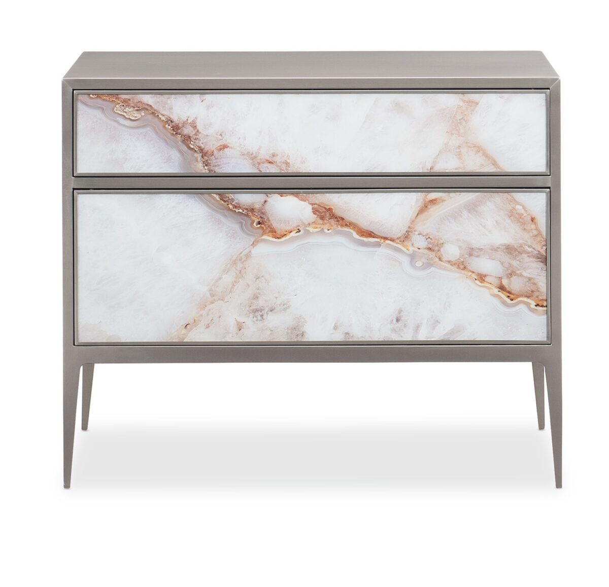 A Real Gem nightstand by Caracole — a 34″‑wide brushed‑nickel metal‐framed chest with two touch‑latch glass drawers painted in agate pattern, slim tapered legs, and a luminous pearl‑painted interior.