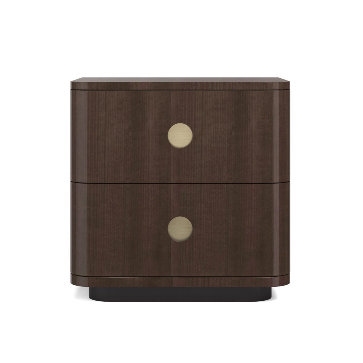 Bachelor Small Nightstand by Caracole — a 25″‑wide masculine bedside chest in high‑gloss Otter‑finish Tupelo veneer, with two softly rounded drawers featuring recessed Champagne‑Gold porthole pulls, soft‑closing side‑mount guides opening to deep UV‑Noir painted interiors, and a contrasting Dark‑Chocolate plinth base.
