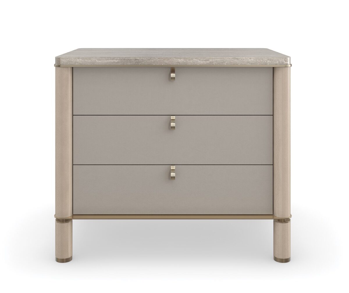 Balance Drawer Nightstand by Caracole — a 28″‑wide modern nightstand in Cremini-finished hardwood with three soft‑touch vinyl-wrapped drawers, topped in polished Silver Travertine stone and supported on round Cremini legs with Lucent Bronze-metal accents and trim.