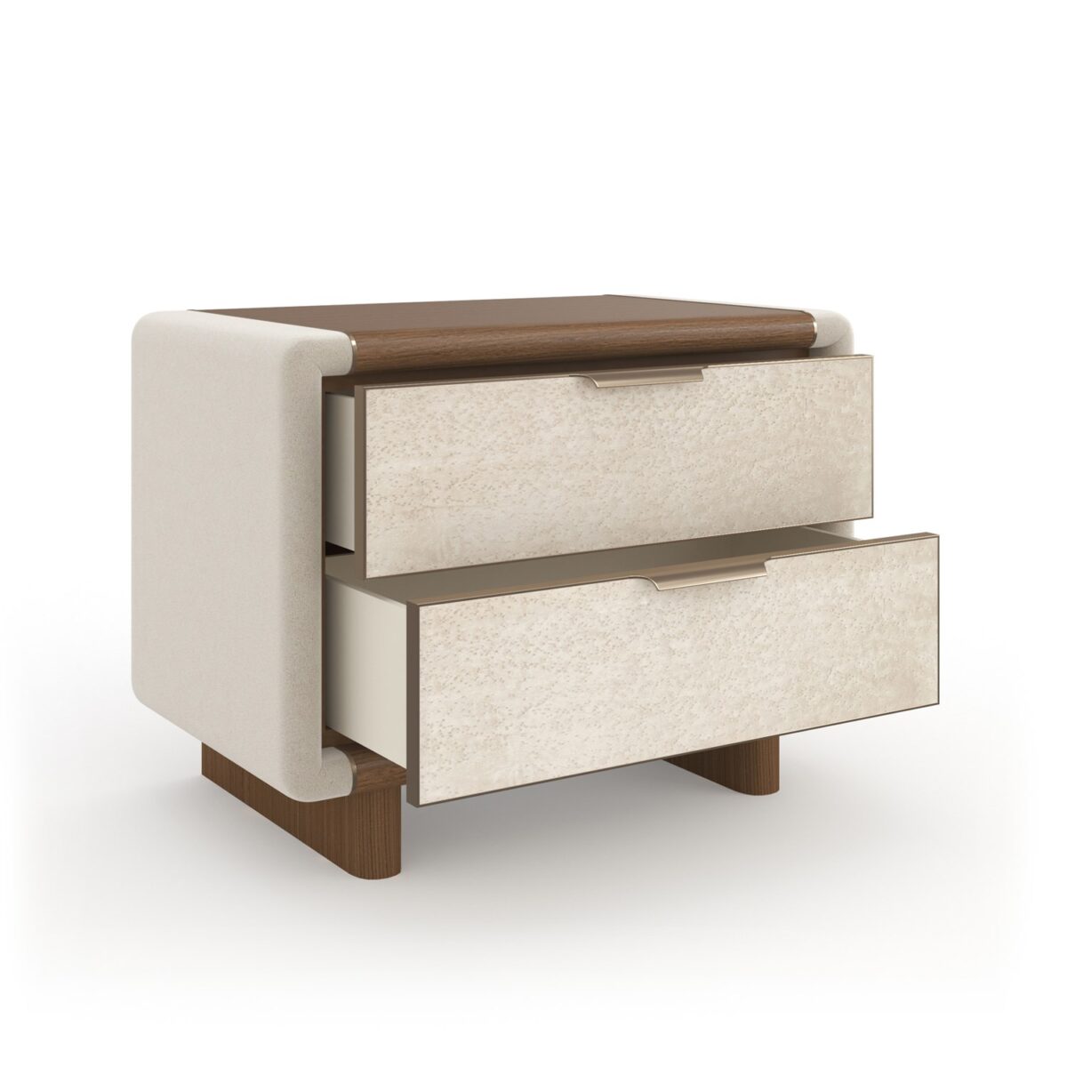 Botero Large Nightstand by Caracole — a 32″‑wide mixed‑media square nightstand with bullnose‑rounded edges, featuring a Retro Walnut top, base, and rounded plank legs; two generous smoked‑Birdseye Maple drawer fronts with swirling grain; stone‑tone micro‑suede wrapped ends; slender Brushed‑Gold metal trim and integrated bullnose‑curved pulls; and soft‑close drawers with UV‑Linen interiors.