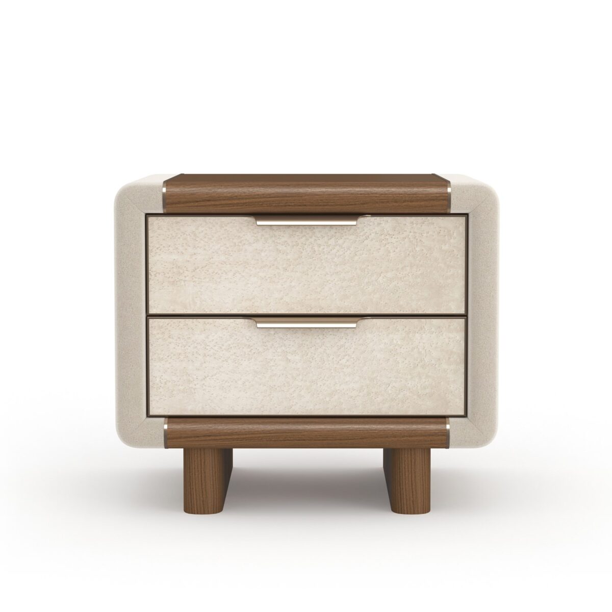 Botero Small Nightstand by Caracole — a compact 24″‑wide bedside chest with bullnose-rounded edges, featuring a Retro Walnut top and legs, a single smoked‑Birdseye Maple drawer front with swirling grain, stone‑tone micro‑suede–wrapped sides, slim Brushed‑Gold metal trim, integrated curved pull, and a soft‑close drawer with UV‑Linen–painted interior.