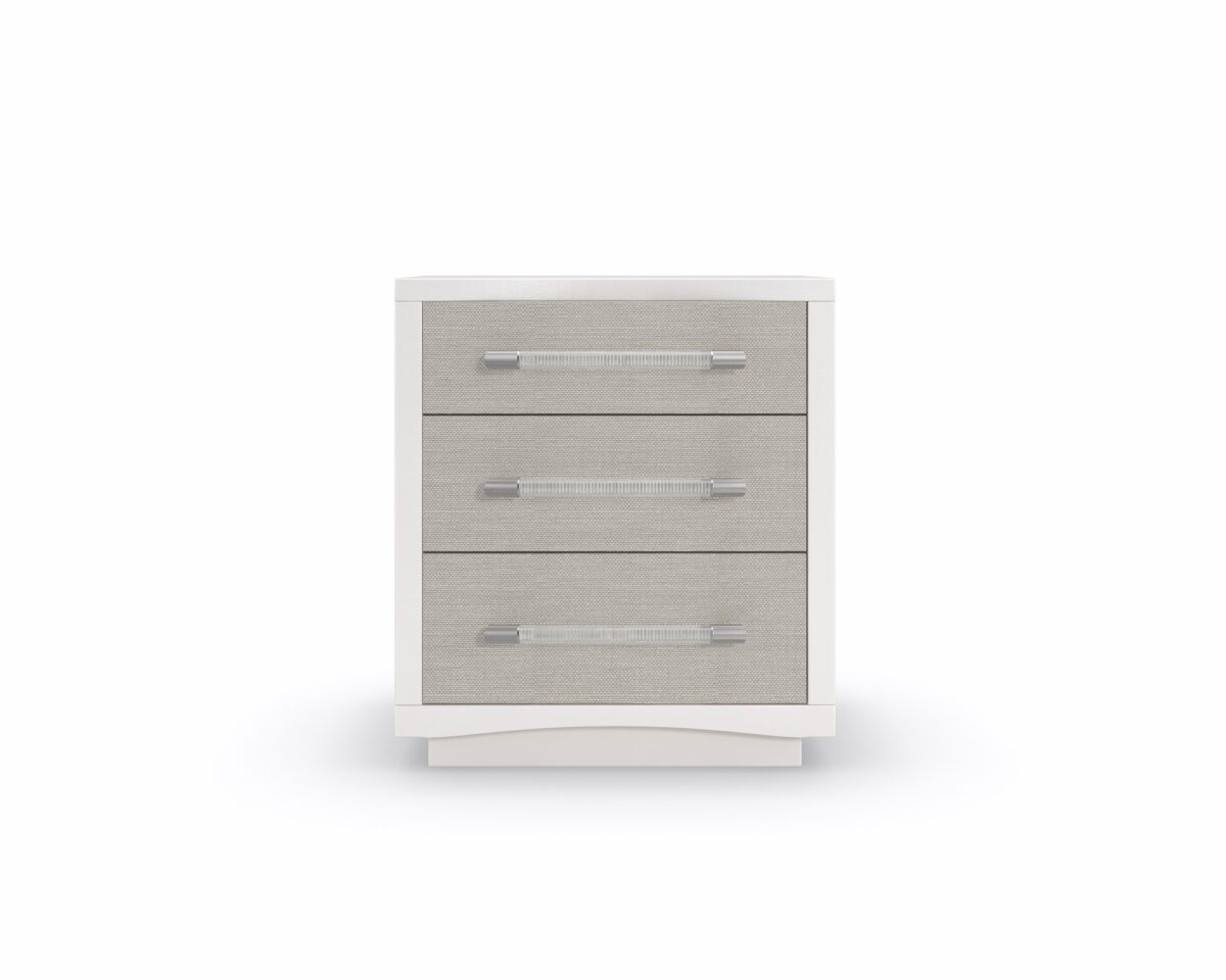 Moment of Clarity vanity by Caracole — a 48″‑wide console with a Soft Silver Leaf finish, featuring a lift-top with an interior mirror, silkscreen detailing on the top, and a front apron that drops down to provide a flat working surface. It stands on tapered round acrylic legs with ferrules in plated Whisper of Gold, and the interior is finished in Blanc.
