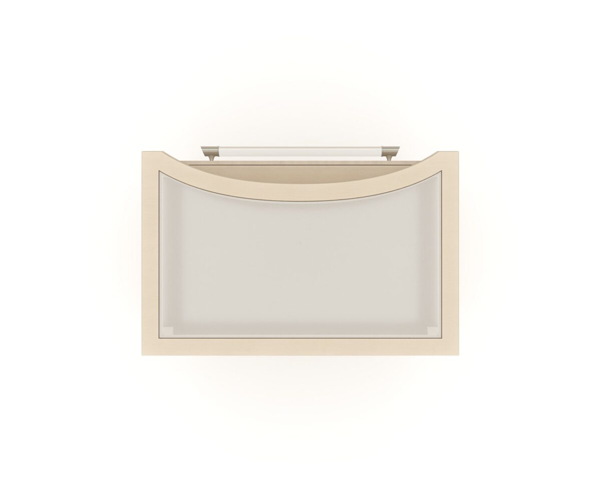 Clearly Open Nightstand by Caracole — a 24″‑wide modern nightstand featuring a frosted glass top with a crescent-shaped curve, supported by a Champagne Pearl–finished base. It includes a single soft-close drawer with a Natural Glow wood front, open storage above and below, and a clear acrylic pull rod capped in Satin Nickel.