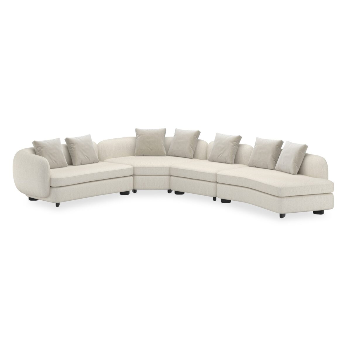 Caracole Lumi RAF Chaise featuring a gently curved silhouette, upholstered in ivory microribbed linen with mohair and wool-blend velvet cushions, and finished with Almost Black pegged wood feet.