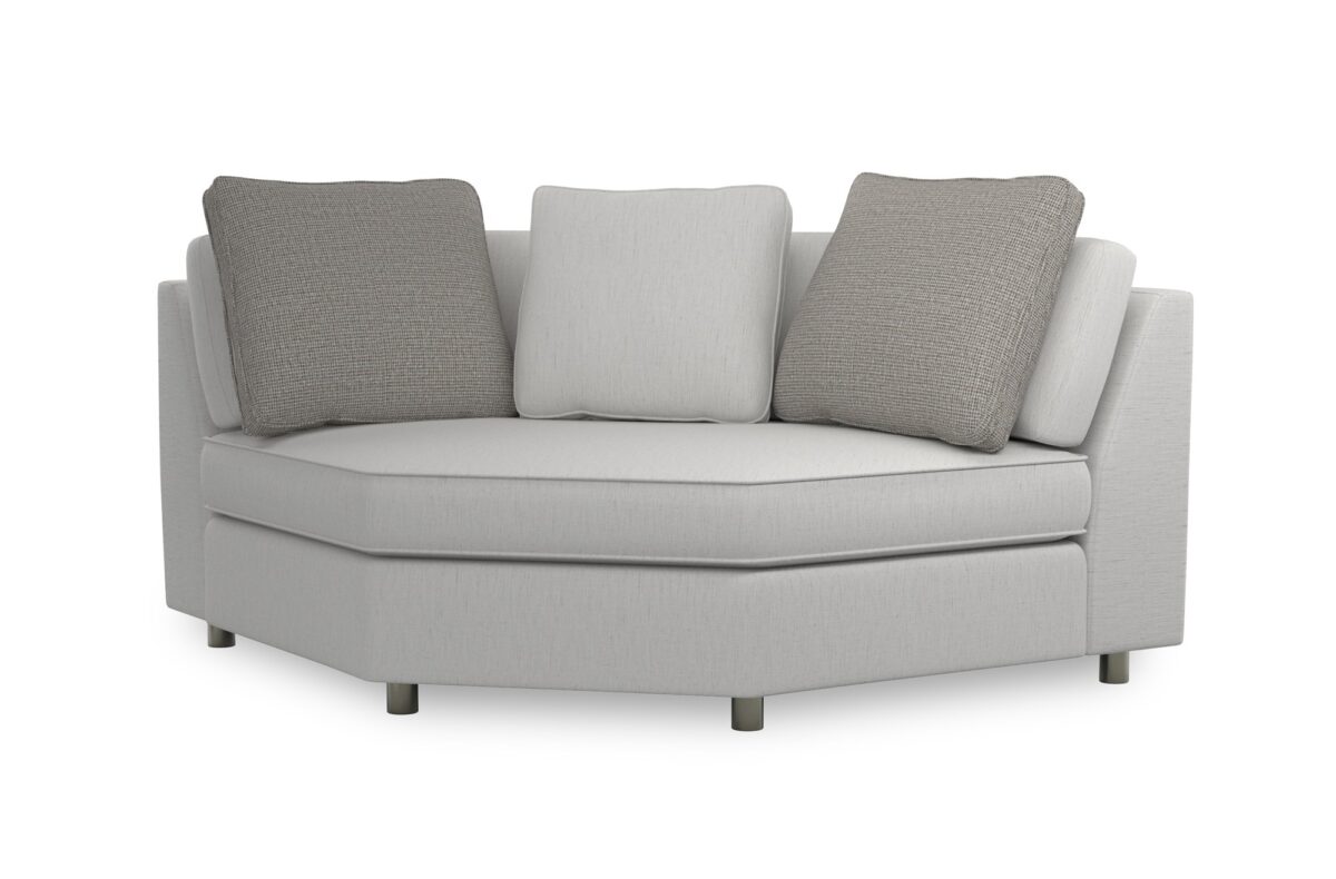 Caracole I'm Shelf-ish Corner Sofa featuring a neutral linen-like fabric with a modern herringbone pattern, wide shelf-arm design, concealed pop-up charging station, and Smoked Sable-finished Fumed Gum wood base.