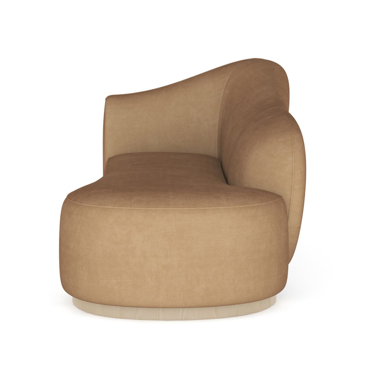 Caracole Kalahari RAF Chaise featuring a serpentine open seat design, fully upholstered in camel-colored angora-like velvet, with a base finished in Sparkling Argent.