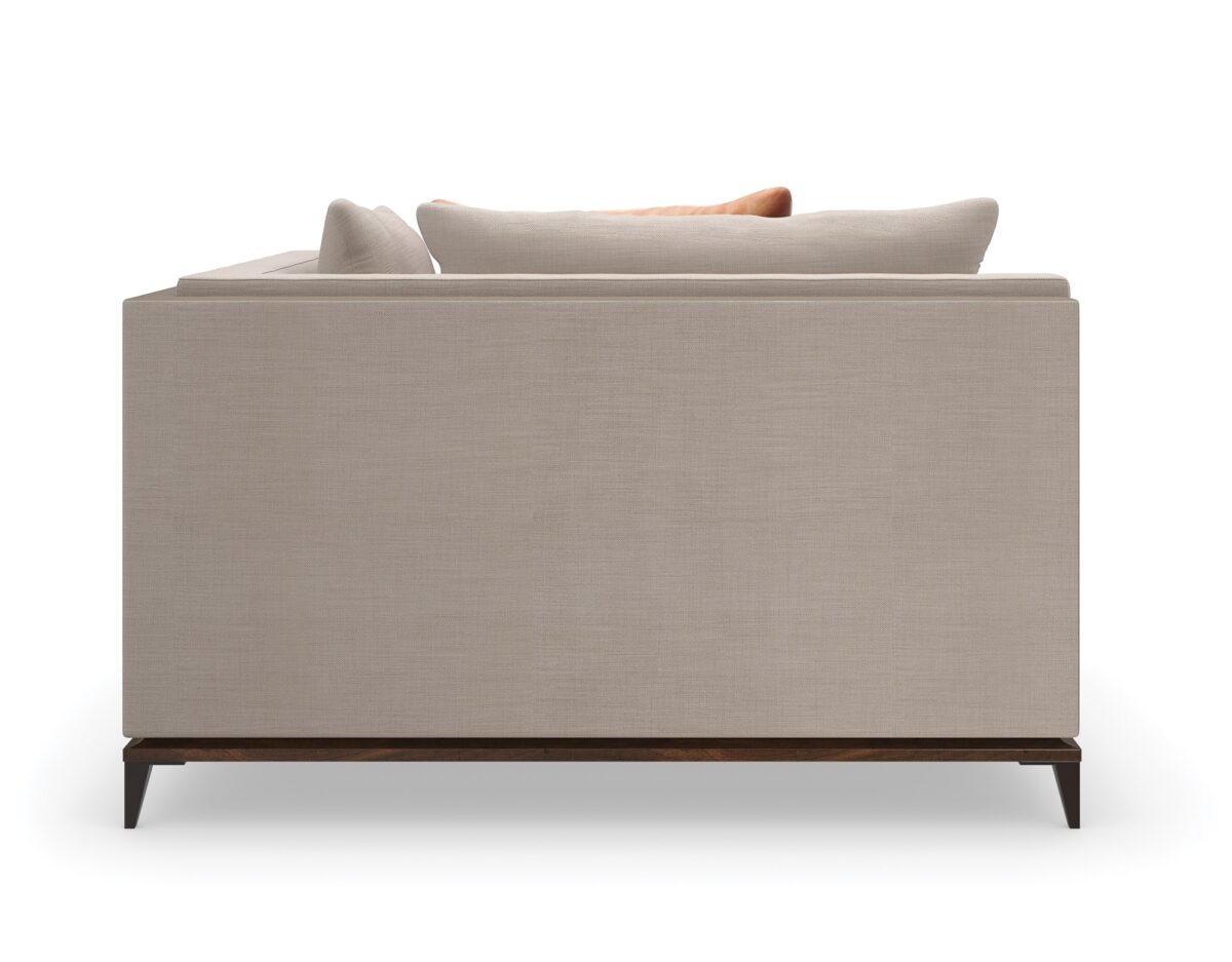Caracole Archipelago RAF Loveseat featuring neutral twill upholstery with faux leather accents, exposed Bourbon Glaze wood base, Deep Bronze