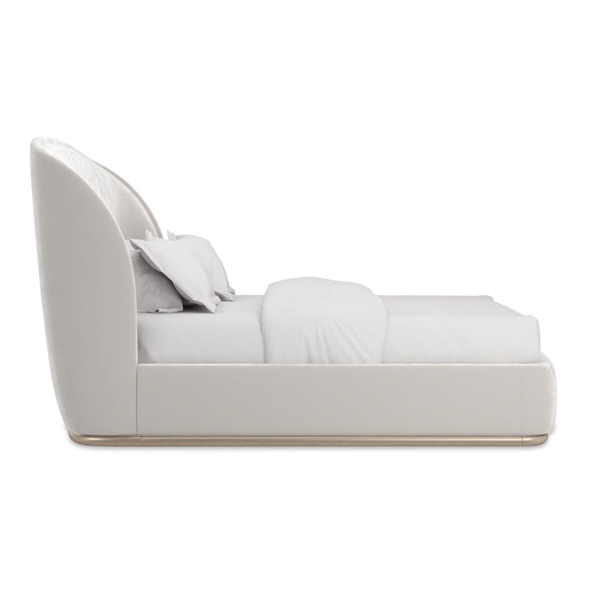 Caracole Opal King Bed featuring a fully upholstered frame in Alabaster faux-mohair velvet, with a sweeping curved back and slim plinth wood base finished in Charcoal Leaf.