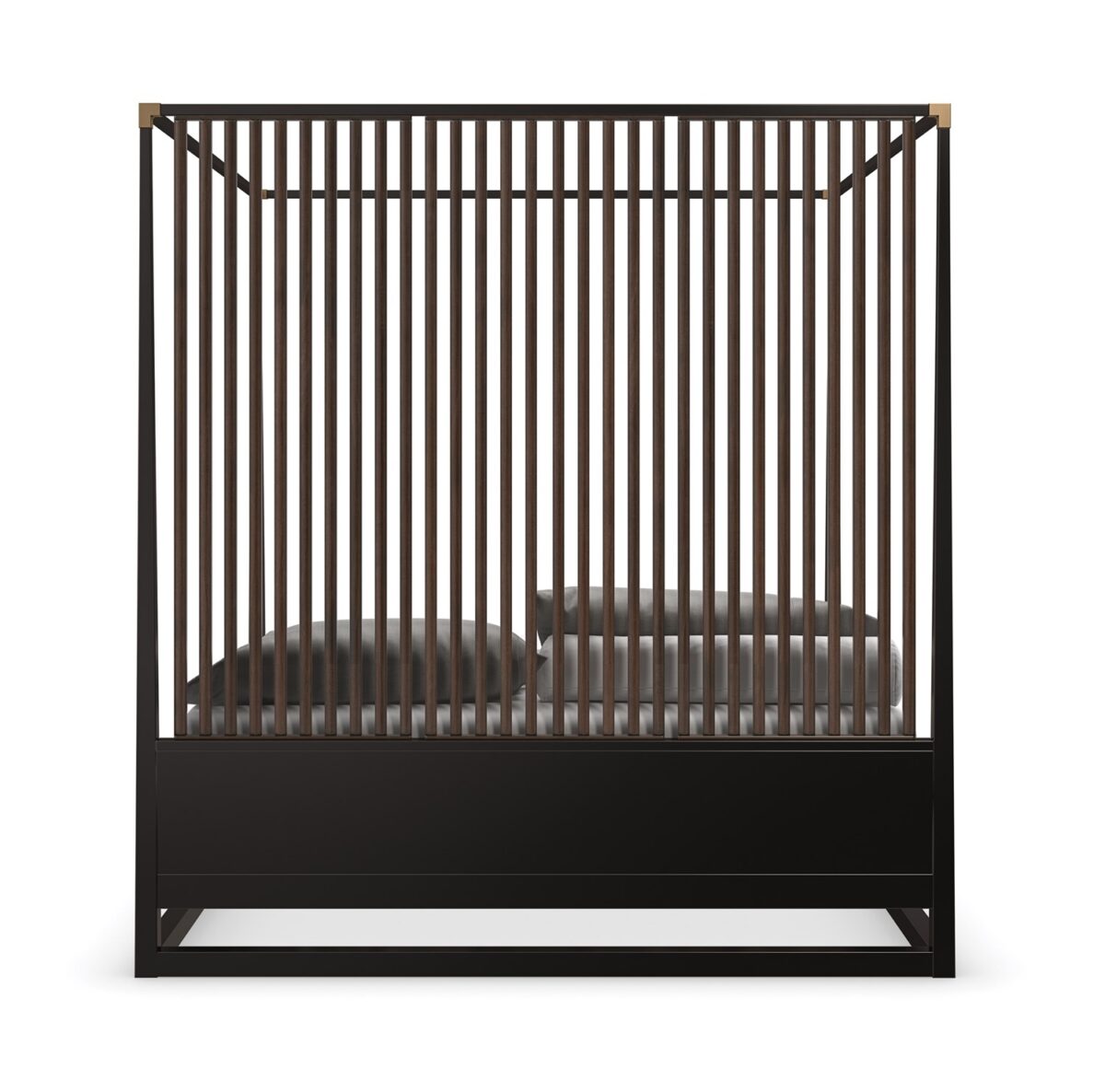 Caracole Pinstripe King Bed featuring a canopy frame in Dark Chocolate finish, complemented by vertical Rich Walnut slats on the headboard, and accented with Champagne Gold metal brackets, creating a modern and elevated look.