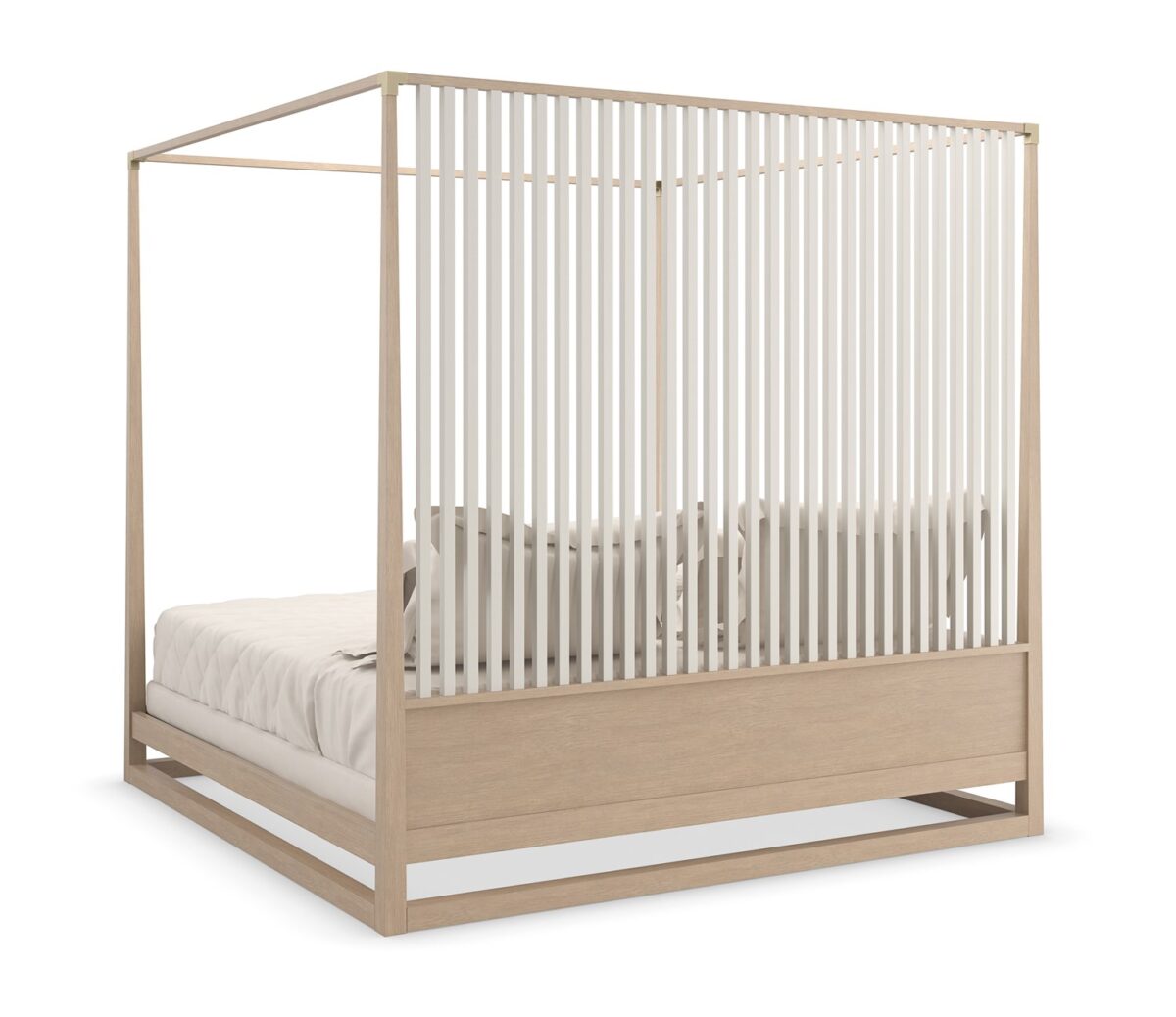Caracole Pinstripe Light King Bed featuring a canopy frame and posts in Sun Drenched Oak, complemented by cascading vertical slats in Almond Milk finish, and accented with Champagne Gold metal post brackets.