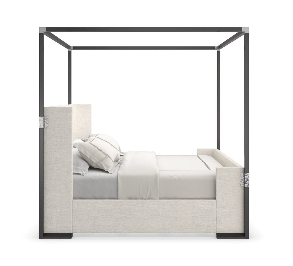 Caracole Shelter Me King Bed Canopy featuring a clean-lined frame finished in Almost Black, complemented by decorative Brushed Stainless textured brackets on the footboard, designed to pair with the CLA-423-25 King Bed.