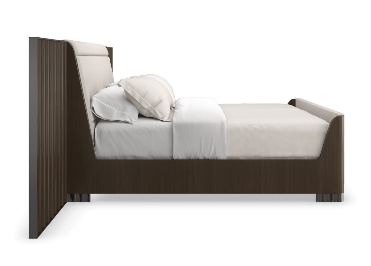 Caracole SLOW WAVE Qn/kg Bed Wing Panels, featuring a uniquely shaped headboard with elegant curves and integrated side panels that wrap around the mattress.