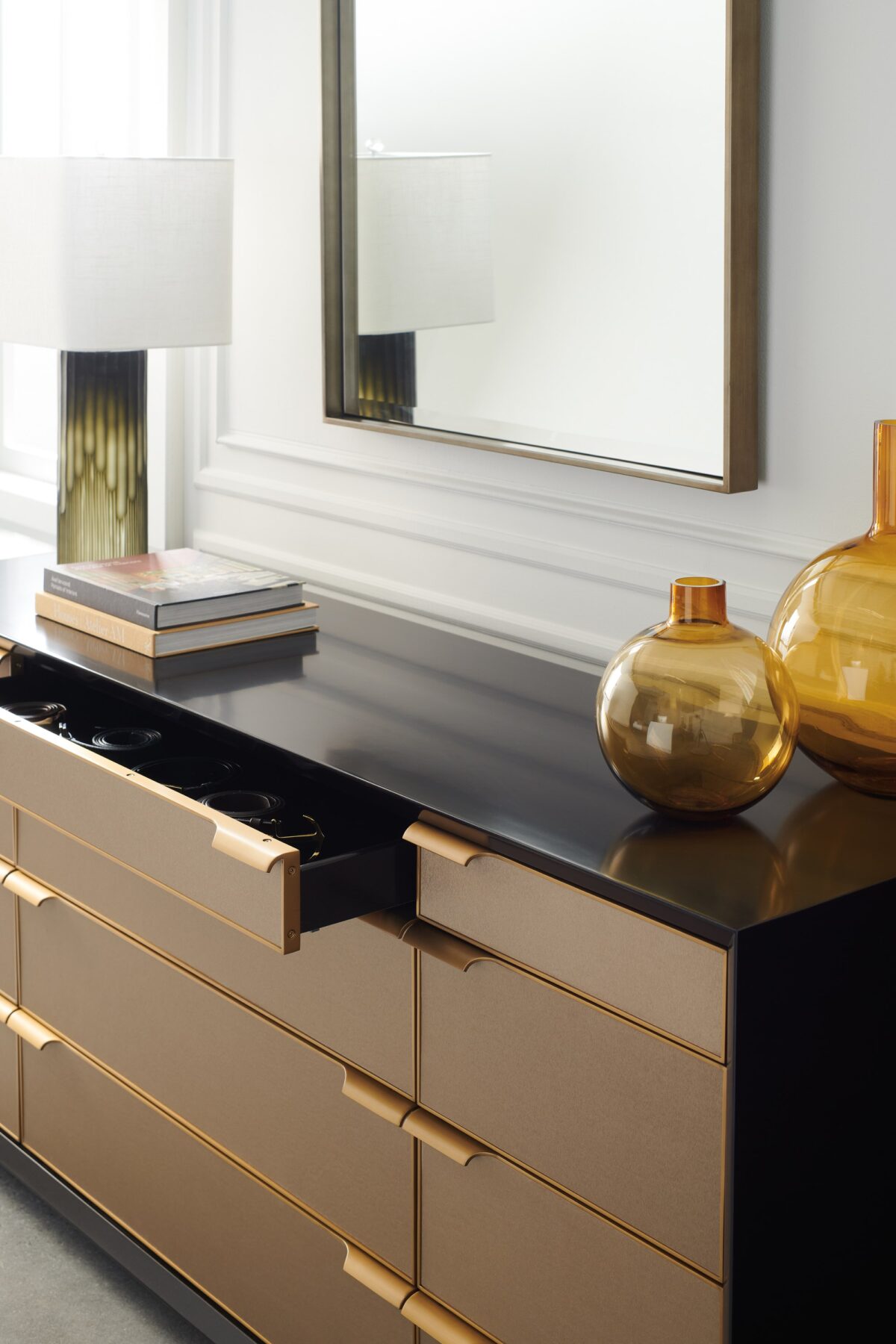 ALL WRAPPED UP chest by Caracole, characterized by its soft, inviting texture and a tailored finish that gives it a luxurious, bespoke feel.