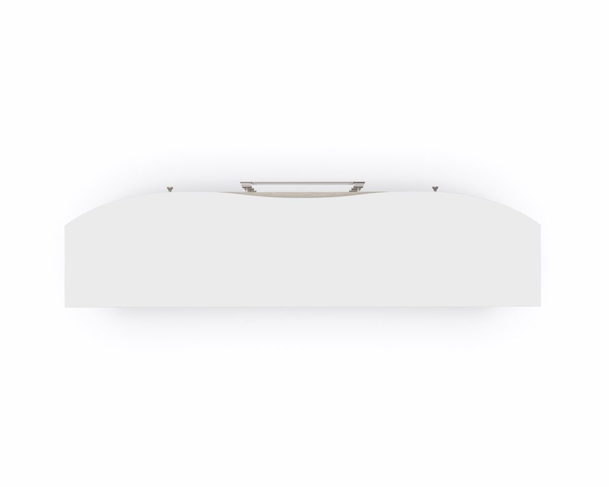 Close‑up of the dresser’s top surface in pearly white textured finish, styled with decorative items to emphasize smooth edges and generous width.