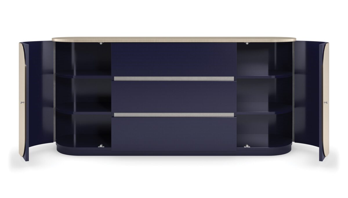 Da Vita Dresser by Caracole with three center drawers in Prussian Blue and curved side doors in Thunder finish, featuring a soft oval silhouette and sleek modern design.