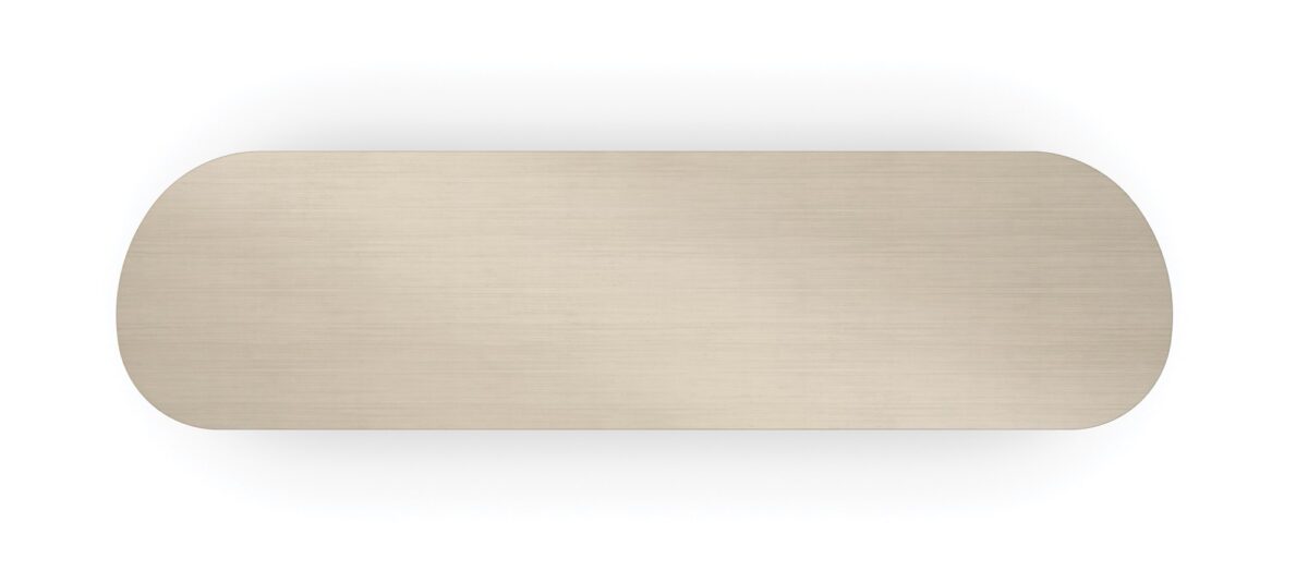 Vita Duo Dresser by Caracole—a sleek oval dresser with dual-tone Smoked Stainless Steel finish, featuring two curved doors with subtle wood grain and three central drawers for a modern minimalist aesthetic.