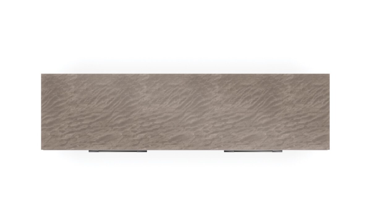Impressive Dresser by Caracole — a 72″‑wide transitional dresser in Mountain Smoke–finished silver Curupixa veneer, with six stepped Pearly White drawer fronts trimmed in deep bronze metal, featuring jewelry‑style ceramic‑inlay hardware, soft‑close undermount guides, and a coordinating deep bronze metal base.