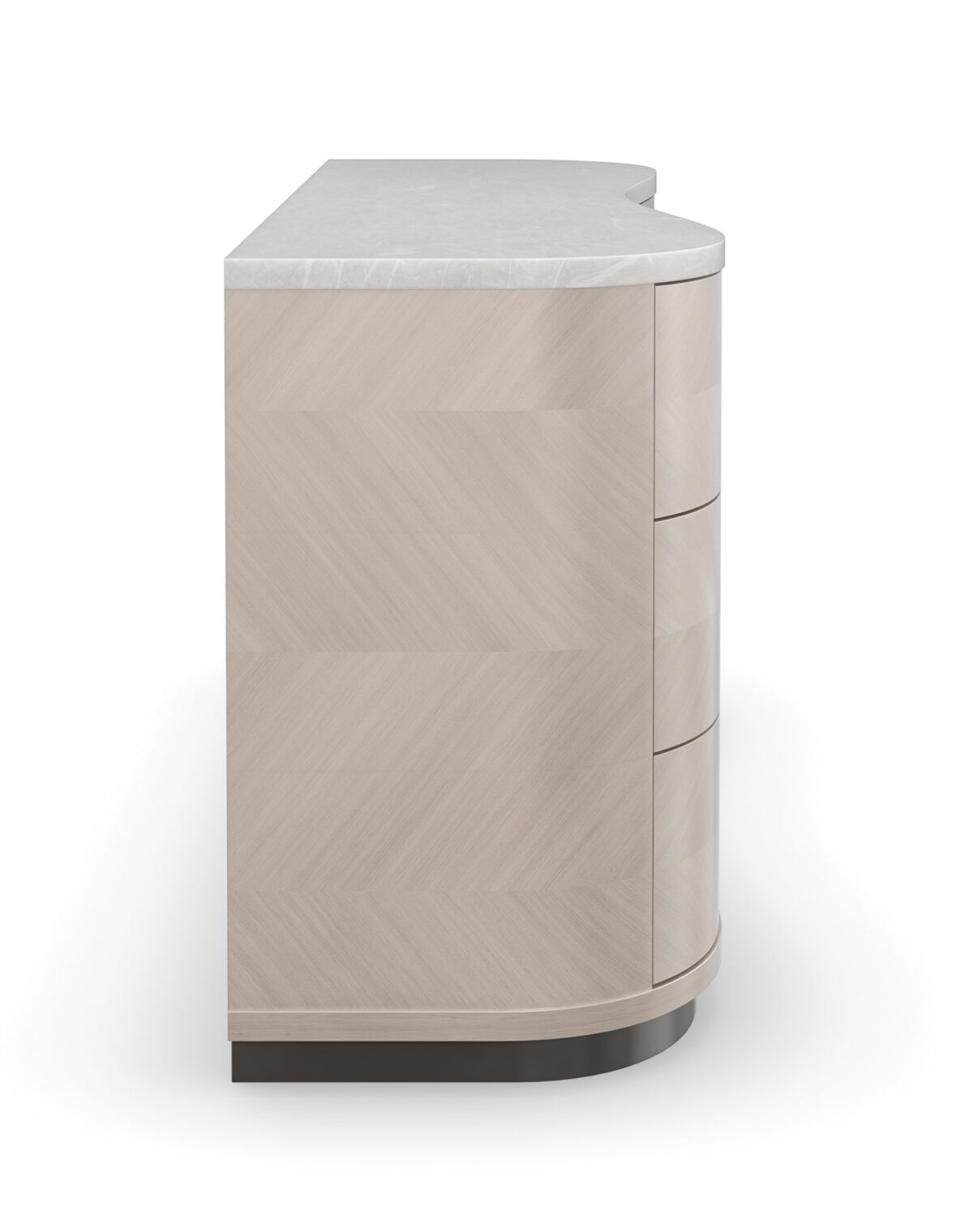 Roam Dresser by Caracole — a sleek 68″‑wide dresser in pearlescent Moonstone finish with six gently curved soft‑close drawers featuring horizontal Deep Bronze handles; chevron‑patterned Koto veneers flow organically across the fronts and end panels, topped with luxurious white Rhino marble and set atop a Seal‑Skin tone plinth base.