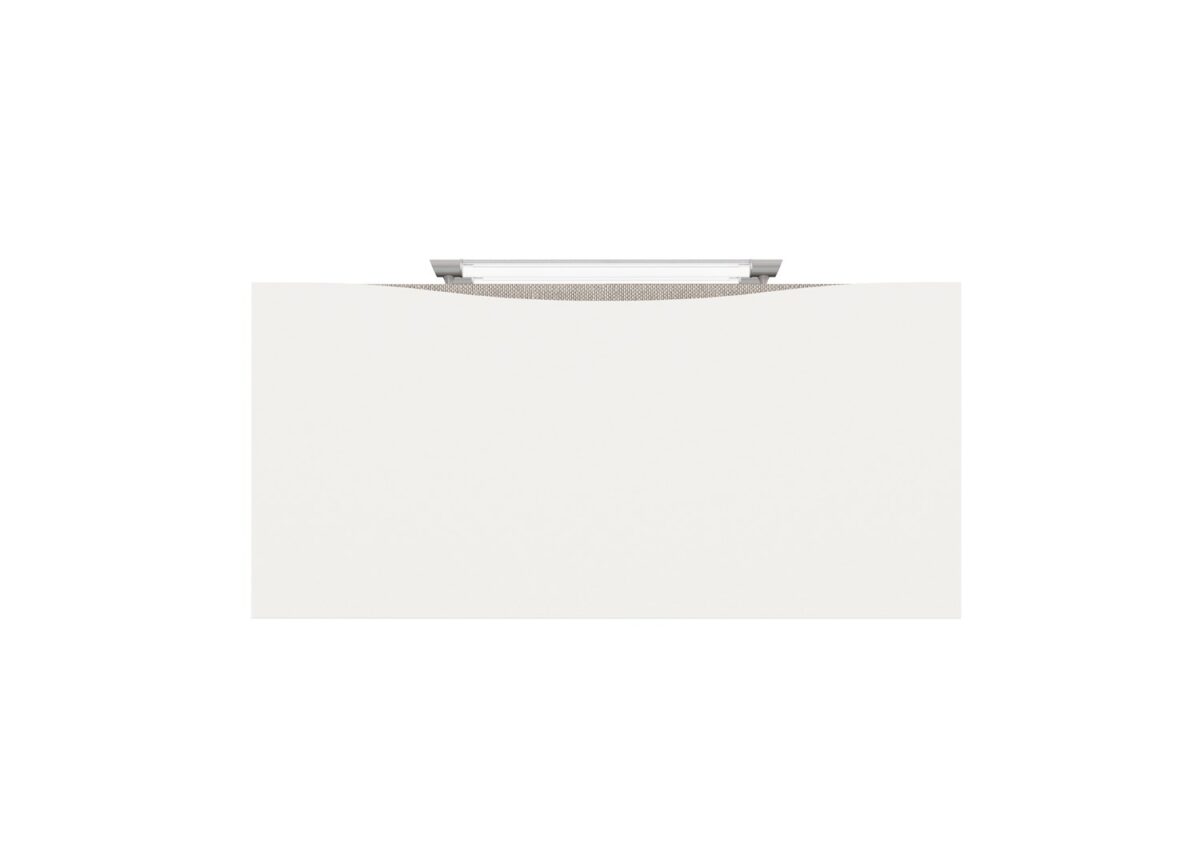 A Clear Touch chest by Caracole — a 38″‑wide three‑drawer chest in Pearly White textured finish, with sun‑kissed silver raffia-wrapped drawer fronts, clear acrylic rod pulls capped in satin nickel, undermount soft‑close guides, and painted pearly-white drawer interiors.