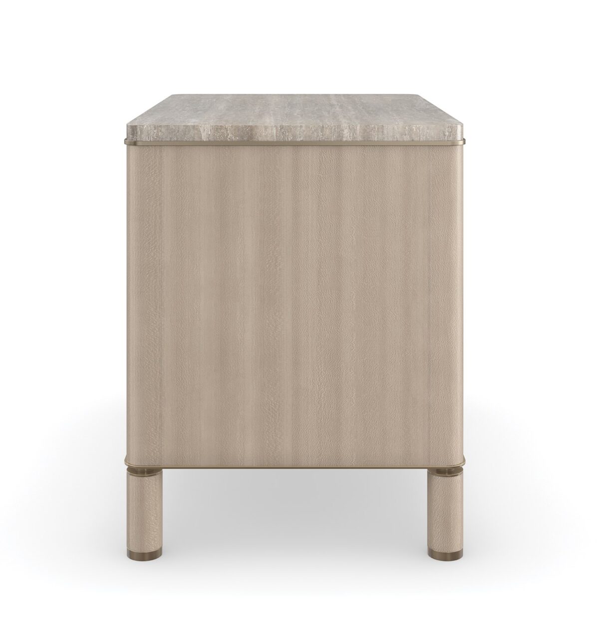 Balance Drawer Nightstand by Caracole — a 28″‑wide modern nightstand in Cremini-finished hardwood with three soft‑touch vinyl-wrapped drawers, topped in polished Silver Travertine stone and supported on round Cremini legs with Lucent Bronze-metal accents and trim.