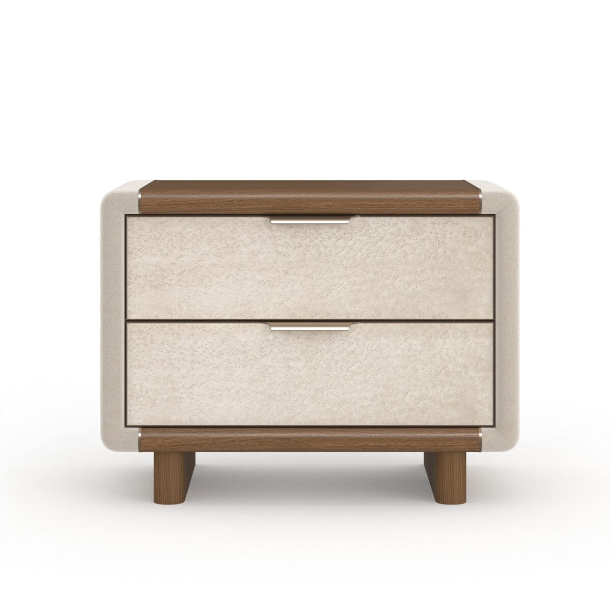 Botero Large Nightstand by Caracole — a 32″‑wide mixed‑media square nightstand with bullnose‑rounded edges, featuring a Retro Walnut top, base, and rounded plank legs; two generous smoked‑Birdseye Maple drawer fronts with swirling grain; stone‑tone micro‑suede wrapped ends; slender Brushed‑Gold metal trim and integrated bullnose‑curved pulls; and soft‑close drawers with UV‑Linen interiors.
