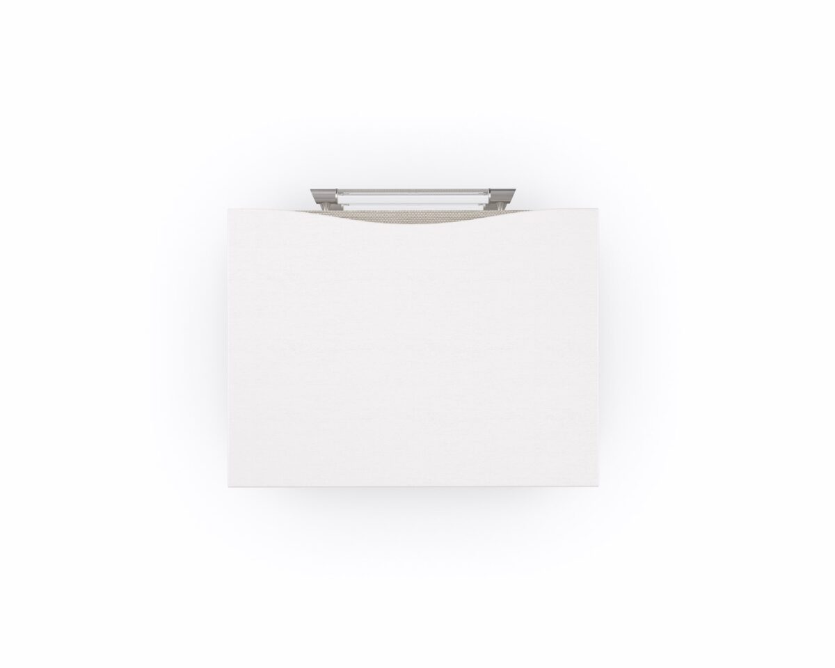 Moment of Clarity vanity by Caracole — a 48″‑wide console with a Soft Silver Leaf finish, featuring a lift-top with an interior mirror, silkscreen detailing on the top, and a front apron that drops down to provide a flat working surface. It stands on tapered round acrylic legs with ferrules in plated Whisper of Gold, and the interior is finished in Blanc.