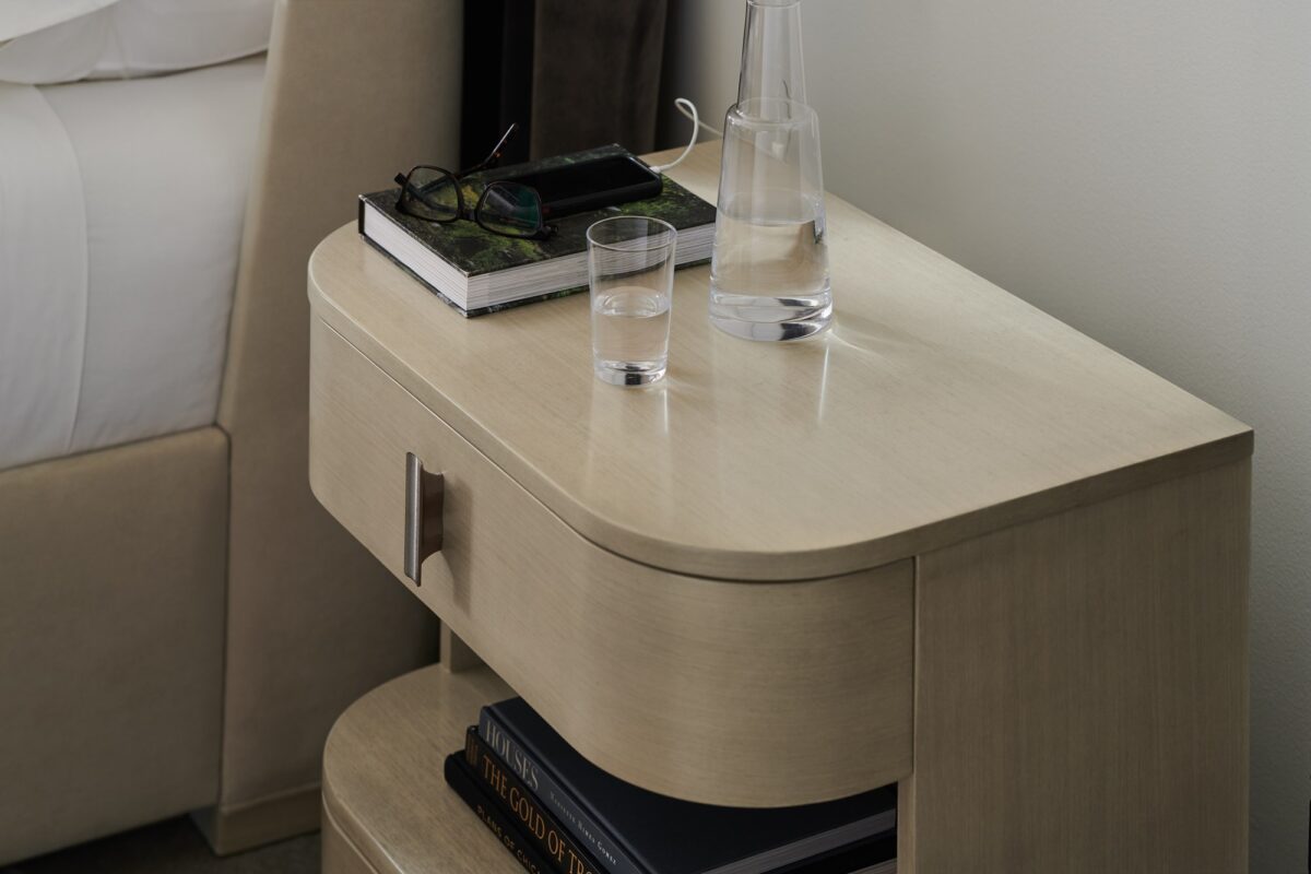 Modern nightstand with an open shelf design and a refined finish, DA VITA Open Nightstand by Caracole.