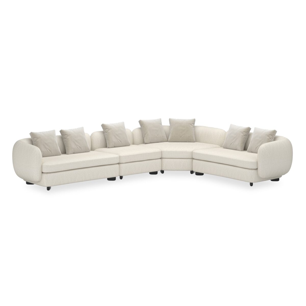 Caracole Lumi RAF Chaise featuring a gently curved silhouette, upholstered in ivory microribbed linen with mohair and wool-blend velvet cushions, and finished with Almost Black pegged wood feet.