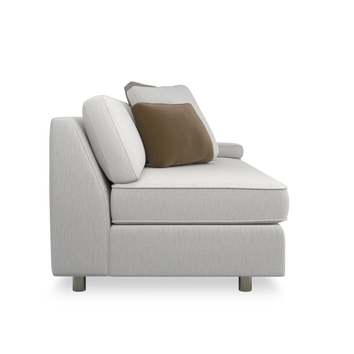 Caracole I'm Shelf-ish RAF Sofa featuring a neutral linen-like fabric with a modern herringbone pattern, wide shelf-arm design, concealed pop-up charging station, and Smoked Sable-finished Fumed Gum wood base.