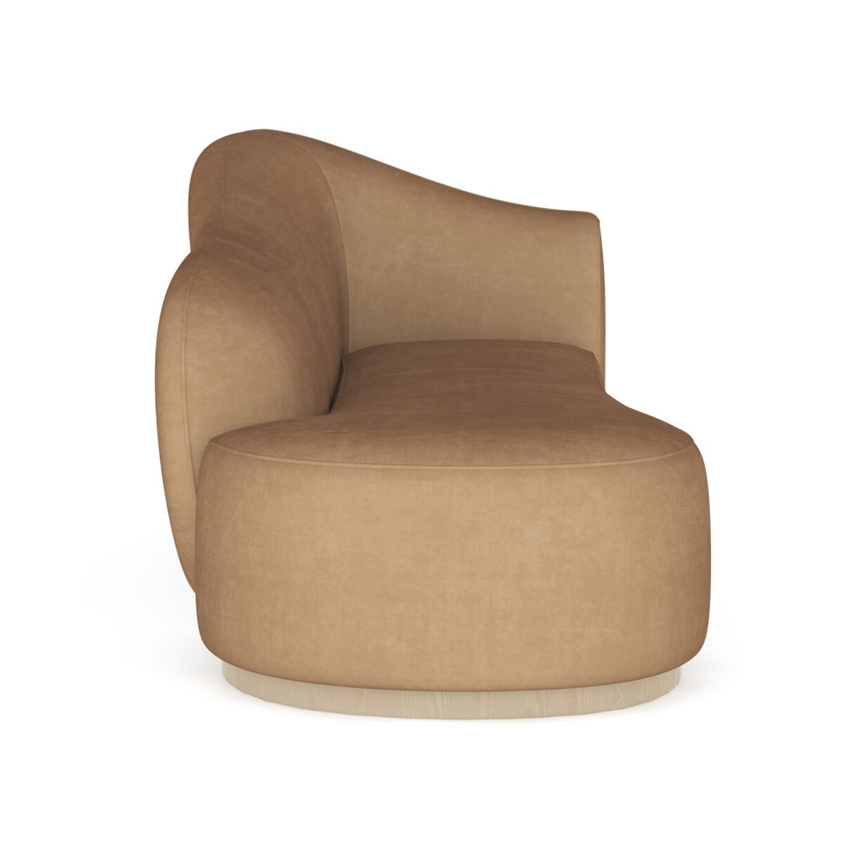 Caracole Kalahari LAF Chaise featuring a serpentine open seat, fully upholstered in camel-colored angora-like velvet, with a base finished in Sparkling Argent.