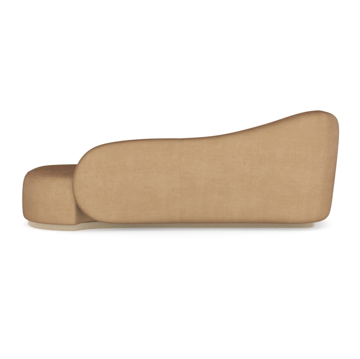 Caracole Kalahari RAF Chaise featuring a serpentine open seat design, fully upholstered in camel-colored angora-like velvet, with a base finished in Sparkling Argent.