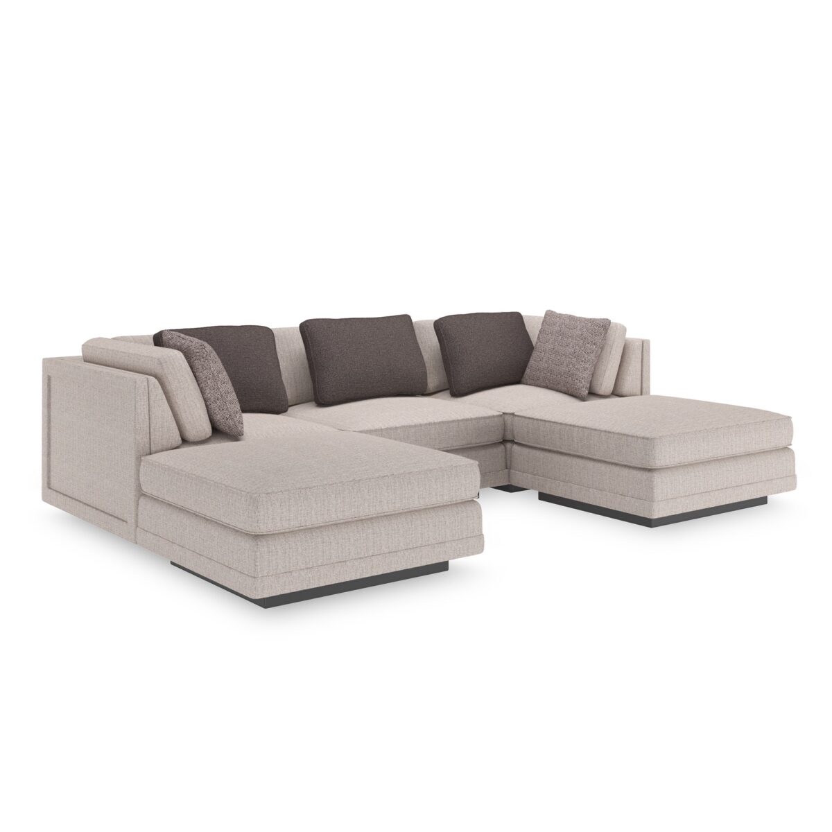 Caracole Fusion Corner Unit with neutral oatmeal upholstery, gunmetal grey velvet accents, herringbone pillows, and a recessed wood plinth base in Simply Black.