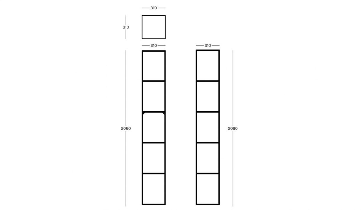 Tall minimalist column shelf with slim steel structure by Zeusnoto.
