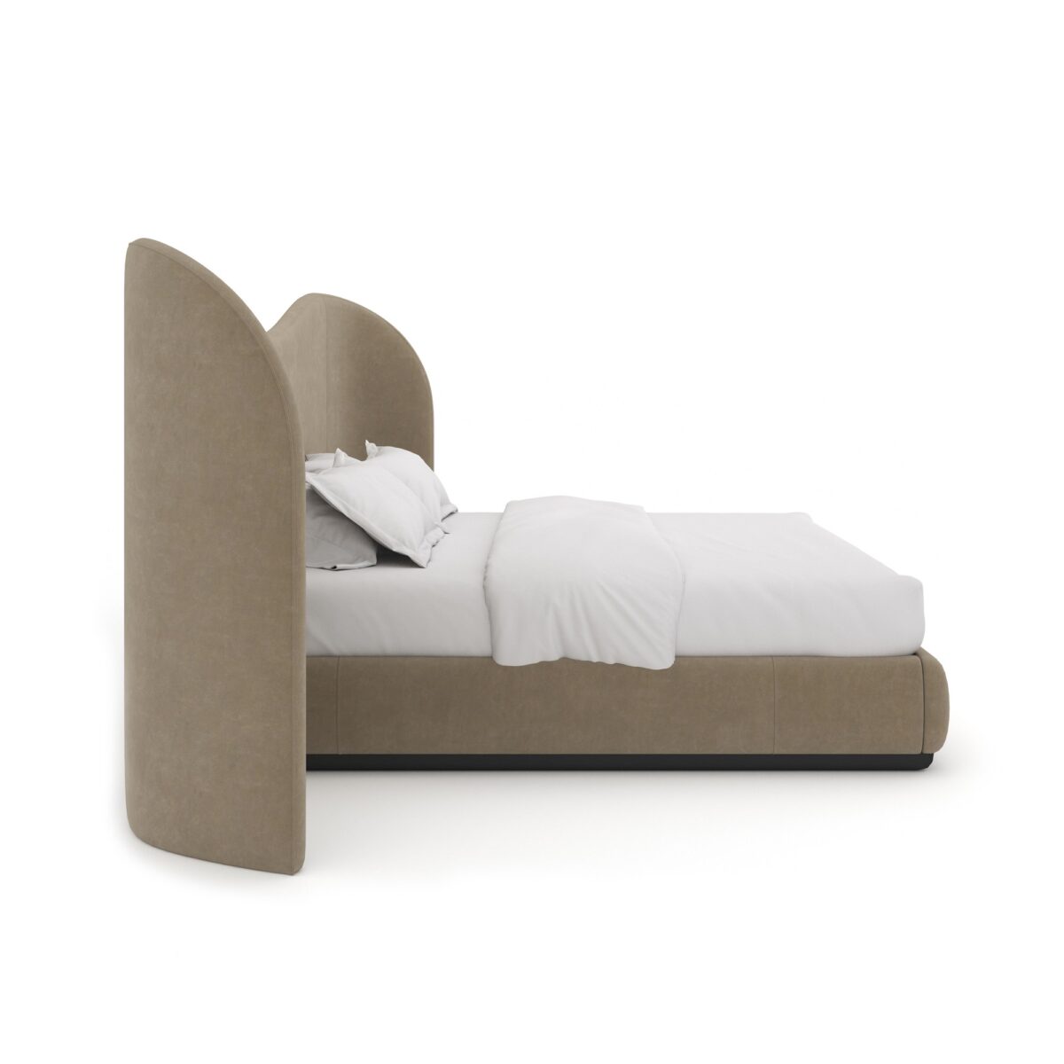 Caracole Clio King Bed featuring an undulating headboard fully upholstered in ultra-soft Dark Taupe angora-like velvet, with sideboards and footboard in matching fabric, and a Dark Chocolate wood base.