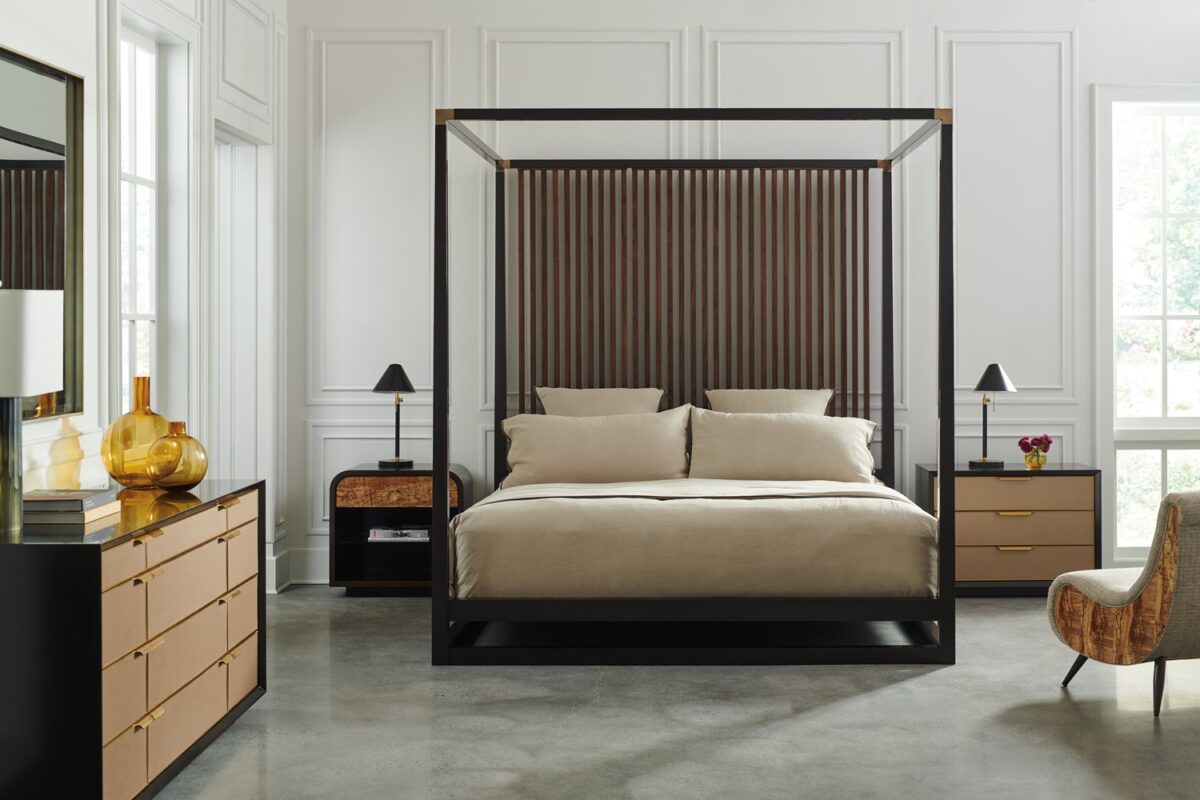 Caracole Pinstripe King Bed featuring a canopy frame in Dark Chocolate finish, complemented by vertical Rich Walnut slats on the headboard, and accented with Champagne Gold metal brackets, creating a modern and elevated look.