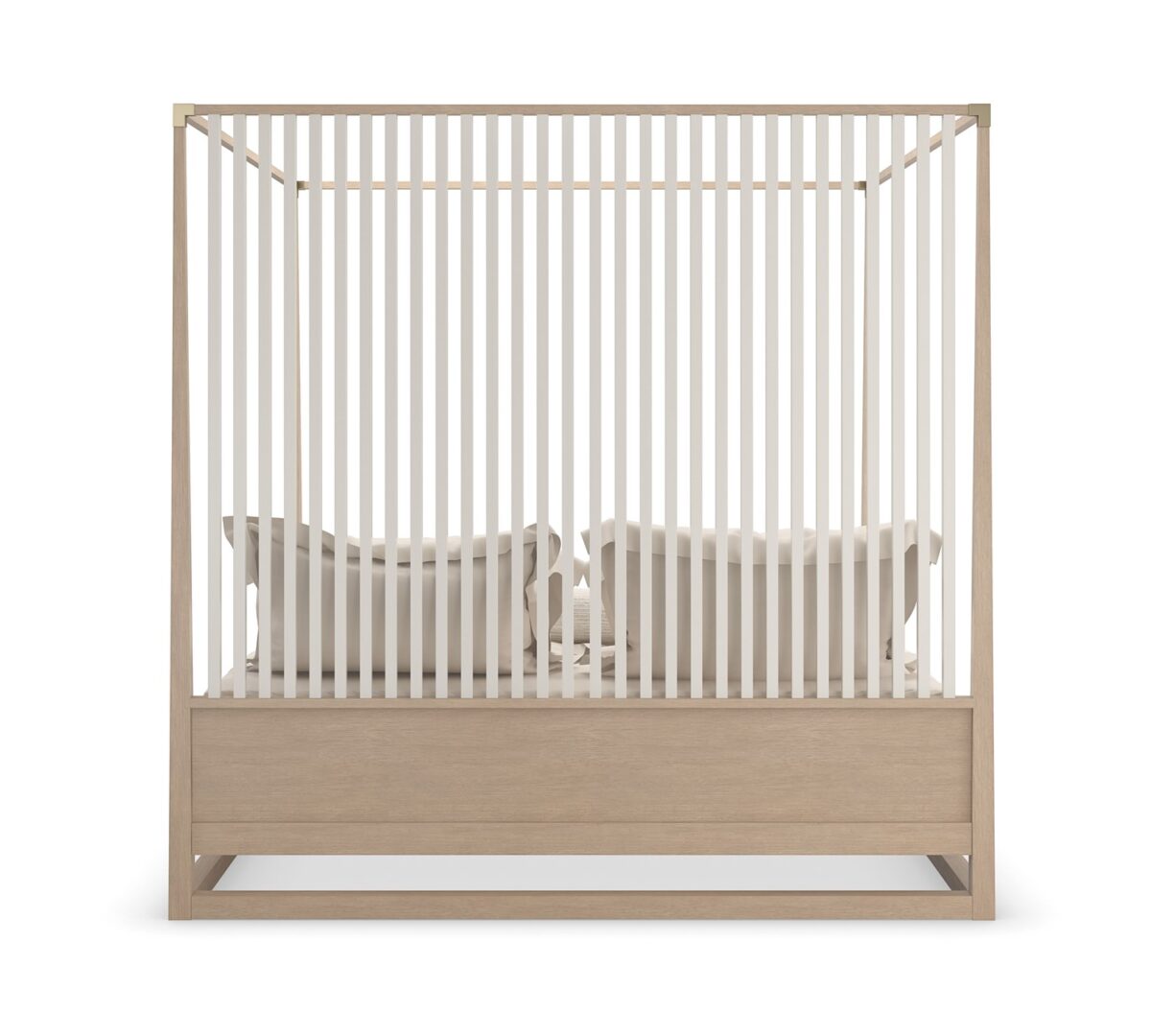 Caracole Pinstripe Light King Bed featuring a canopy frame and posts in Sun Drenched Oak, complemented by cascading vertical slats in Almond Milk finish, and accented with Champagne Gold metal post brackets.