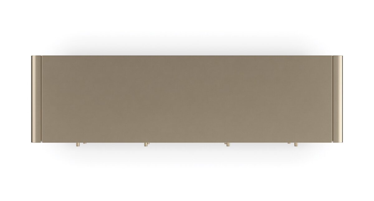 Caracole Circadian Dresser – Neoclassical-inspired 10-drawer dresser featuring micro-fluted ivory drawer fronts, a waterfall top in Whisper of Gold paint, and a contrasting Dark Chocolate scalloped base.