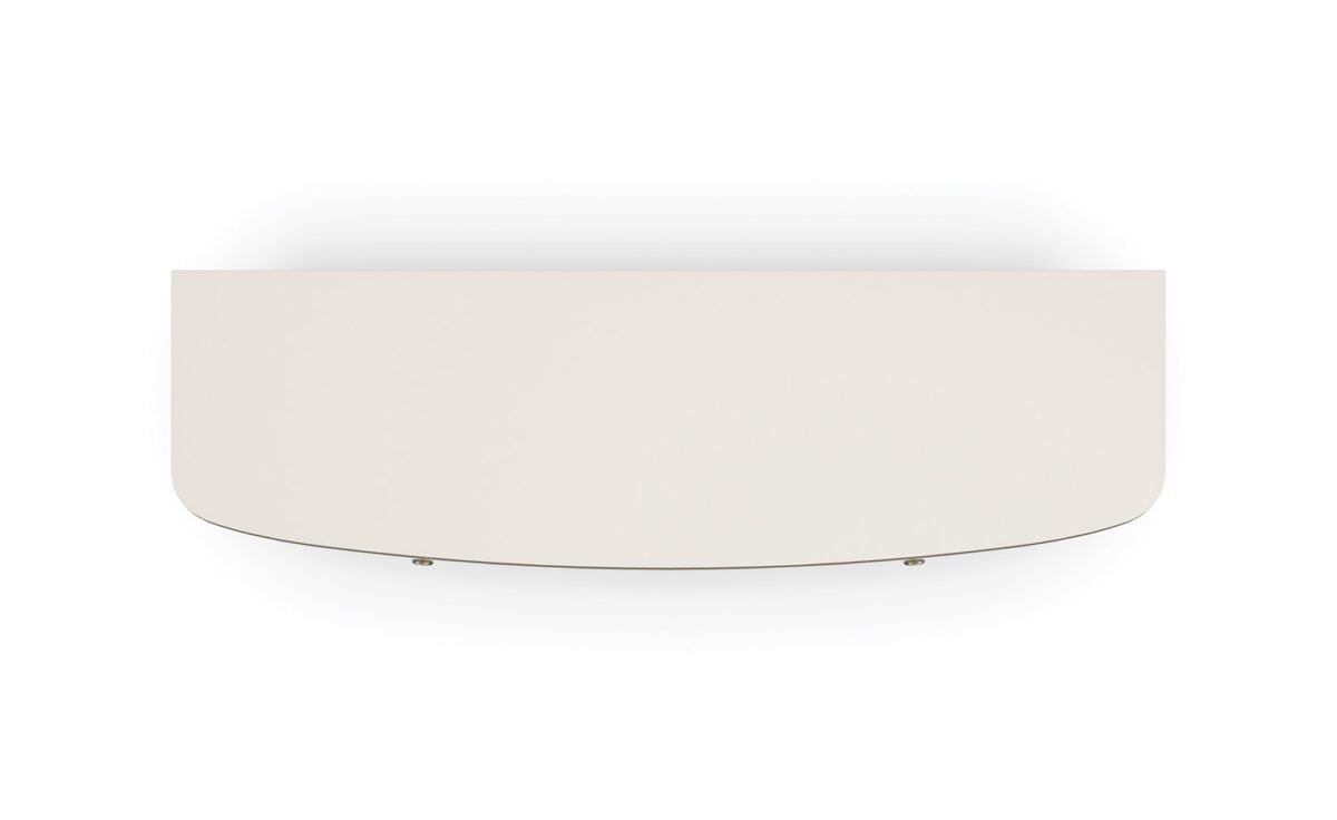 Lyon Dresser by Caracole — a 64″‑wide sculptural dresser in Almond Milk faux‑linen vinyl finish, with softly curved sloping sides and six vinyl‑wrapped drawers featuring painted Interiors, all set on a clean plinth base and trimmed with a slender Brushed‑Gold metal bead.