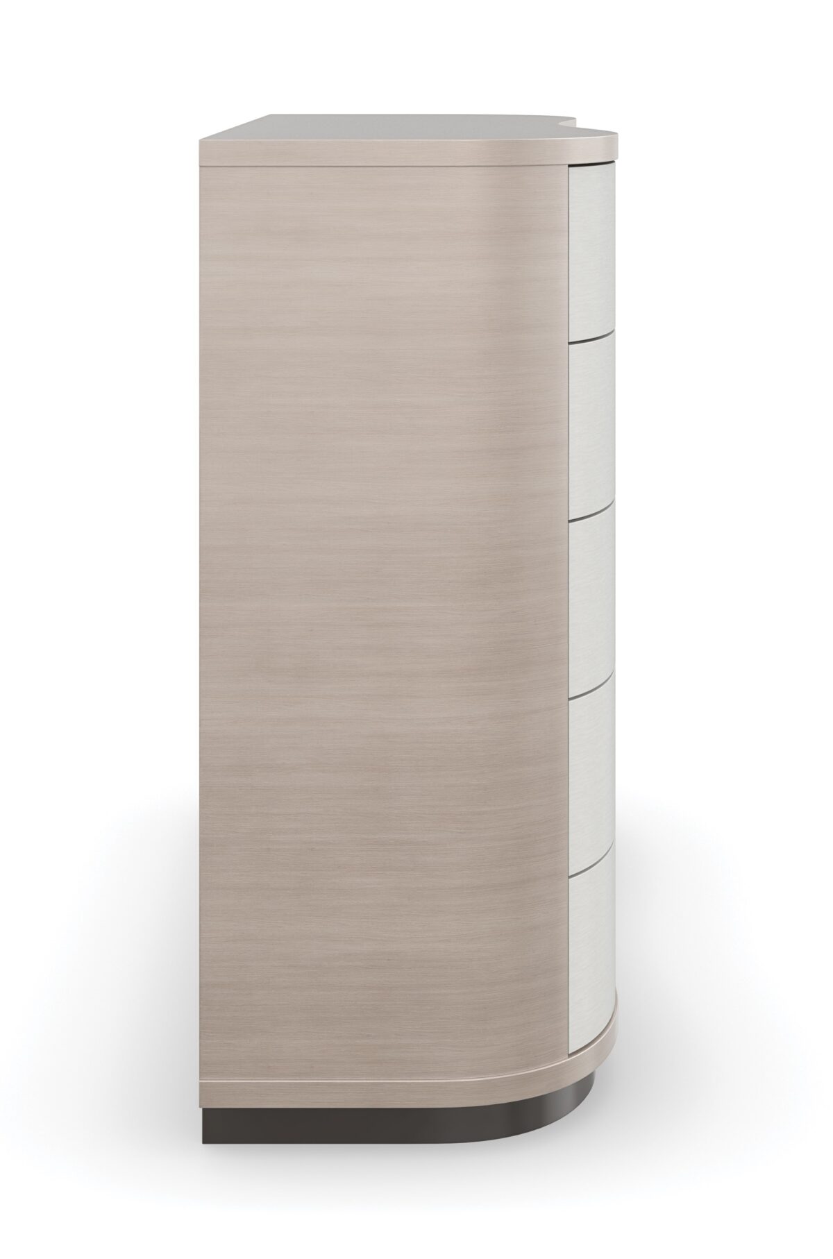Meandrous Dresser by Caracole — a 50″‑wide organically curved dresser with five vinyl‑wrapped drawers in pearlescent Moonstone finish, set in a subtle Seal Skin‑tone plinth base; features horizontal bronze-tone handles, soft‑close undermount guides, painted interiors, a radial‑pattern Koto veneer top, and a removable jewel tray in the top drawer.