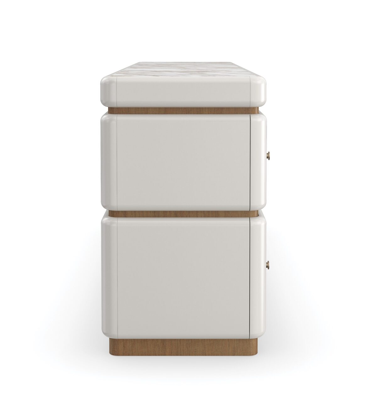 Milos Dresser by Caracole — a 65″‑wide modern dresser in Almond Milk finish with gently rounded stacked silhouette, featuring four soft‑close drawers trimmed in Toasted Pecan, topped with Calacatta Oro marble, and equipped with a removable felt‑lined tray in the top drawer.