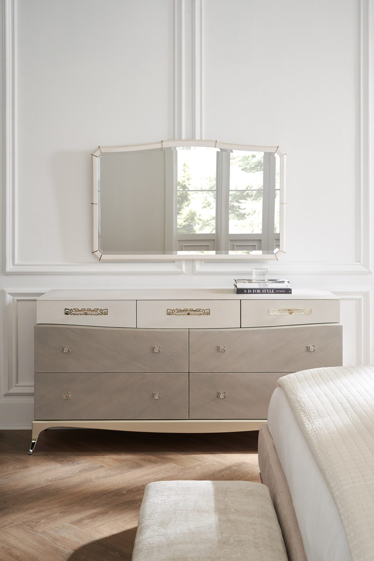 Tempo Dresser by Caracole — a 72″×36″ sculptural dresser topped with Alabaster‑painted faux shagreen, set above a Cappuccino‑finished Coffee Platano veneer case, featuring three shagreen‑front top drawers (outer ones felt‑lined, left with removable jewel tray), four lower Cappuccino drawers, bespoke ceramic‑inset hardware against Whisper‑of‑Gold backplates, outward‑curving legs with metal ferrules, and a Sparkling Argent base.