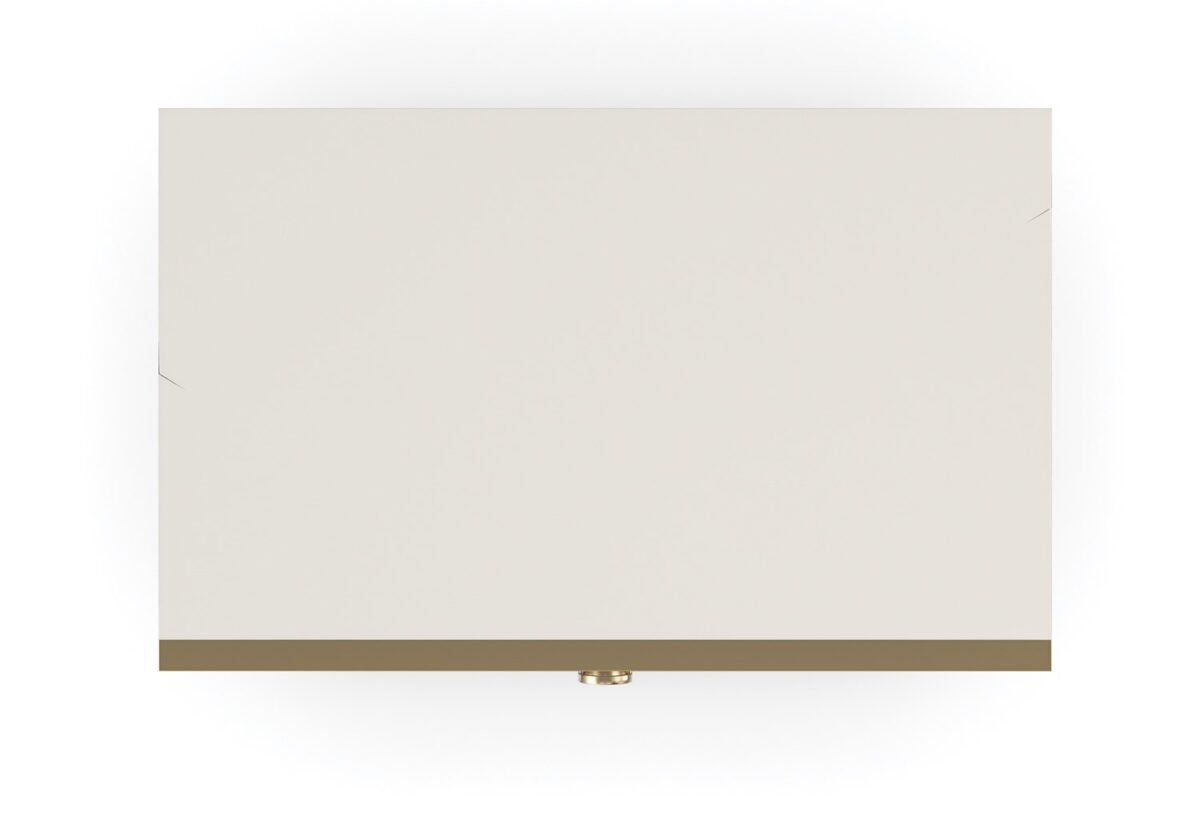 Bedrock Nightstand by Caracole — a 34″‑wide three‑drawer nightstand with polished gray sandstone fronts featuring subtle champagne‑gold trim and ring pulls, set in a creamy Almond Milk wood frame with a matching plinth base and soft‑close undermount drawer guides.