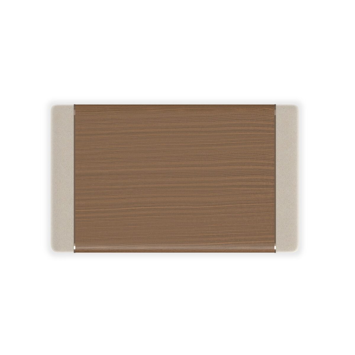 Botero Large Nightstand by Caracole — a 32″‑wide mixed‑media square nightstand with bullnose‑rounded edges, featuring a Retro Walnut top, base, and rounded plank legs; two generous smoked‑Birdseye Maple drawer fronts with swirling grain; stone‑tone micro‑suede wrapped ends; slender Brushed‑Gold metal trim and integrated bullnose‑curved pulls; and soft‑close drawers with UV‑Linen interiors.
